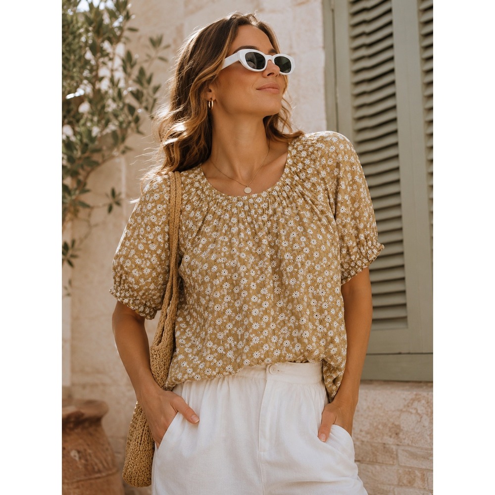 Madewell Mustard Daisy Embroidered Puff Sleeve Blouse Small Romantic 70s Cottage